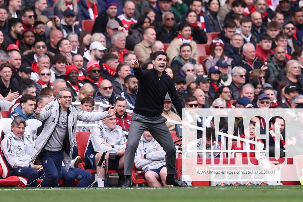 11th April 2026; Emirates Stadium, London, England; Premier League Football, Arsenal versus Bournemouth; Arsenal manager Mikel Arteta instructs his players on the touchline KatiexChan