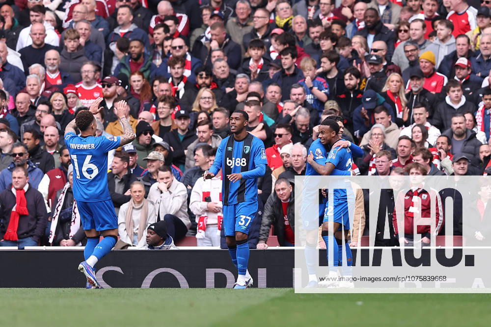 11th April 2026; Emirates Stadium, London, England; Premier League Football, Arsenal versus Bournemouth; Eli Junior Kroupi of Bournemouth celebrates his goal in the 17th minute for 0-1 KatiexChan