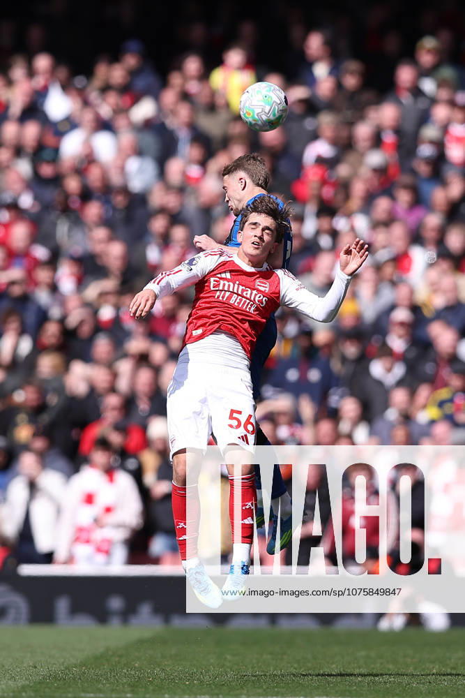 11th April 2026; Emirates Stadium, London, England; Premier League Football, Arsenal versus Bournemouth; Max Dowman of Arsenal and Adrien Truffert of Bournemouth jump for a header KatiexChan
