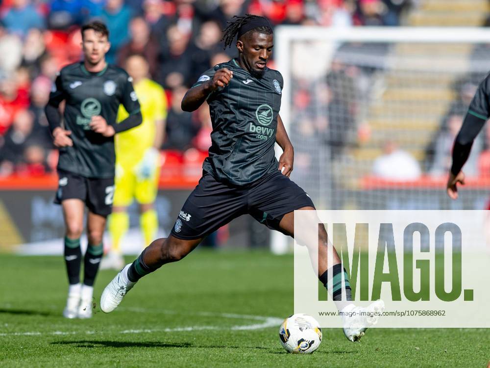 Rocky Bushiri of Hibernian during the Aberdeen v Hibernian William Hill Premiership fixture at Pittodrie Stadium on Saturday 11th April 2026 Aberdeen v Hibernian, William Hill Scottish Premiership, Football, Pittodrie, Aberdeen, Scotland, UK - 11 Apr 2026Aberdeen Pittodrie United Kingdom