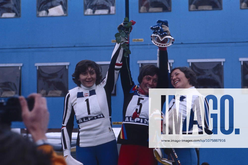 Olympic Winter Games in Innsbruck 1976 the Winner photo the women Slaloms at the Olympic Winter Games 1976 in Innsbruck shows Rosi Mittermaier Gold, Germany , Claudia Giordani Silver, Italy and Hanni Wenzel Bronze, Liechtenstein on the Podium The Three Athletinnen celebrate theirs Medals and hold Flowers and Goggles in The Height Austria, 1976 Innsbruck Austria