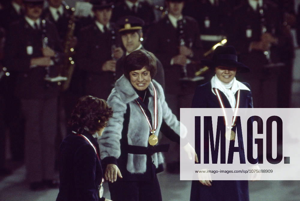 Olympic Winter Games in Innsbruck 1976 The Award Ceremony in Slalom the women at the XII Olympic Winter Games in Innsbruck on the Podium Stand Claudia Giordani Silver, Italy , Rosi Mittermaier Gold, Germany and Hanni Wenzel Bronze, Liechtenstein Austria, 1976 Innsbruck Austria