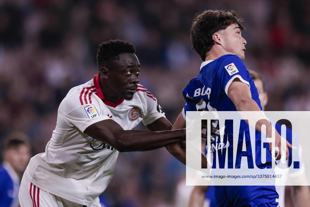 Sevilla FC v Atletico de Madrid - LaLiga EA Sports Akor Adams of Sevilla FC battles for the ball during the La Liga EA Sports match between Sevilla FC and Atletico de Madrid at Ramon Sanchez Pizjuan in Seville, Spain, on April 11, 2026. Seville Spain
