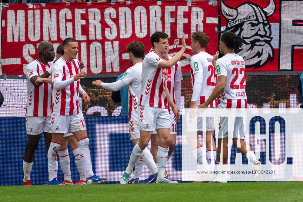 Cologne players celebrate the 2-0 goal by Ragnar Ache 1 FC Koeln, 09 1 FC Koeln vs SV Werder Bremen, Football, 1 Bundesliga, Matchday 29, Season 2025 2026, 12 04 2026 DFL DFB Regulations prohibit any use of Photographs as image sequences and or Quasivideo 1, FC Koeln vs SV Werder Bremen, Football, 1 Bundesliga, Matchday 29, Season 2025 2026, 12 04 2026 Koeln
