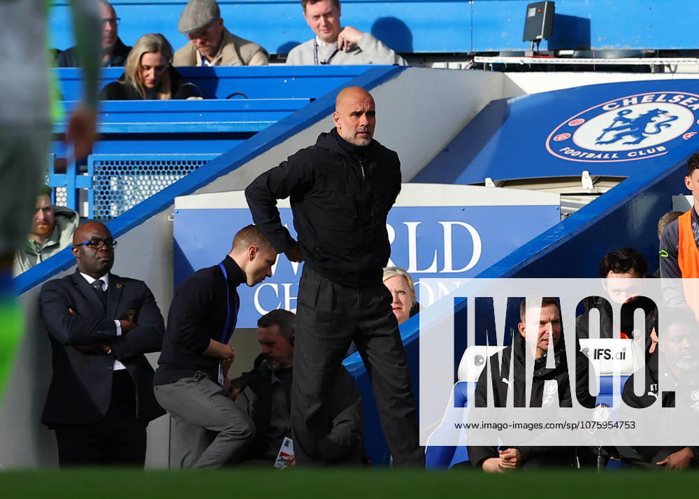12th April 2026; Stamford Bridge, Chelsea, London, England: Premier League Football, Chelsea versus Manchester City; Manchester City manager Pep Guardiola observing his players from the touchline JPxFletcher