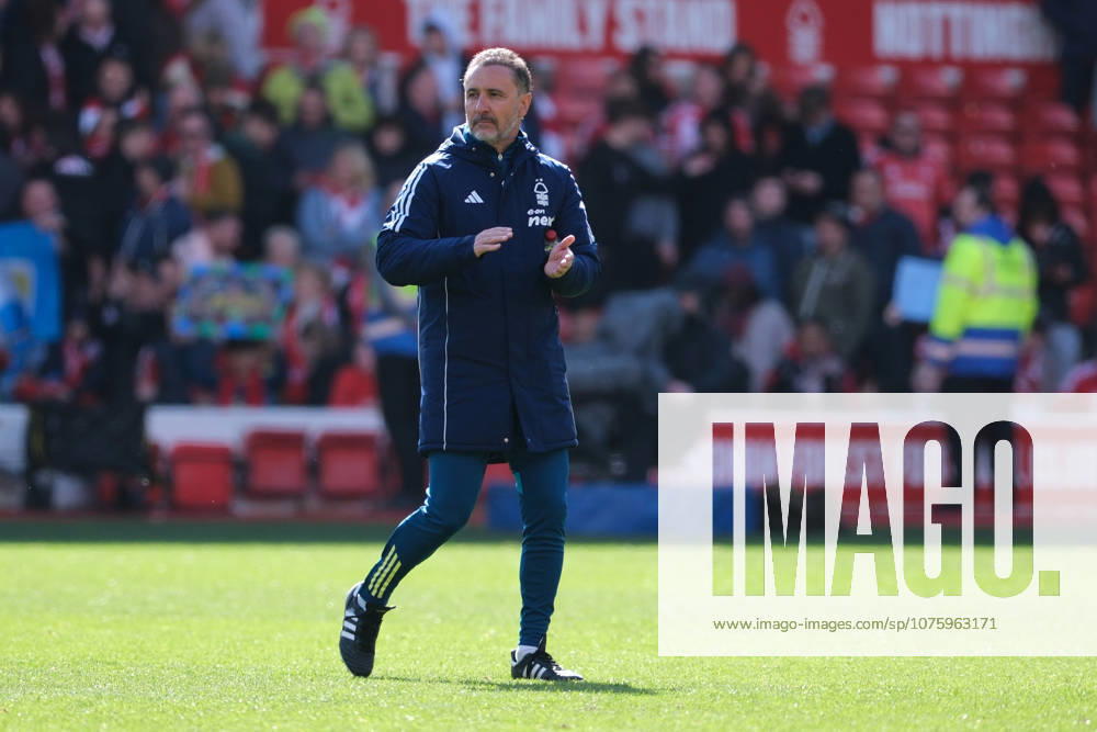 Nottingham Forest Head Coach Vitor Pereira applauds the home fans after the final whistle during the Premier league football match between Nottingham Forest and Aston Villa at the City Ground on April 12, 2026 in Nottingham, England.