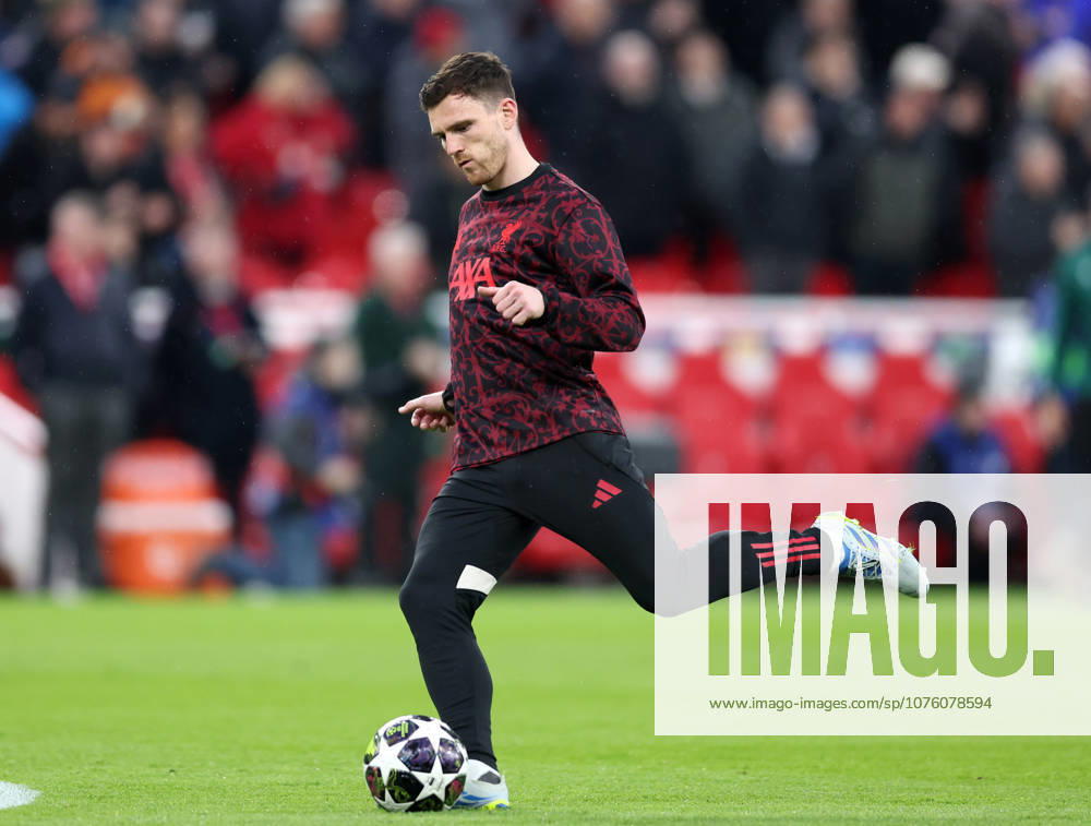 Liverpool, England, 14th April 2026. Andrew Robertson of Liverpool warms up before the Liverpool vs Paris Saint Germain UEFA Champions League quarter final 2nd leg match at Anfield, Liverpool. Picture credit should read: Jessica Hornby Sportimage . SPI_040_JH_Liverpool_PSG SPI-4687-0039