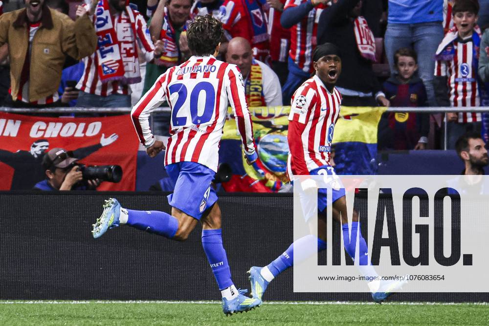 UEFA Champions League quarterfinal second leg soccer match Atletico Madrid vs FC Barcelona, Barca at Riyadh Air Metropolitano stadium in Madrid, Spain. 14 April 2026 Lookman celebrates a goal 900 Cordon Press 900 CordonxPress LOF - Champions League Atletico Madrid vs FC Barcelona