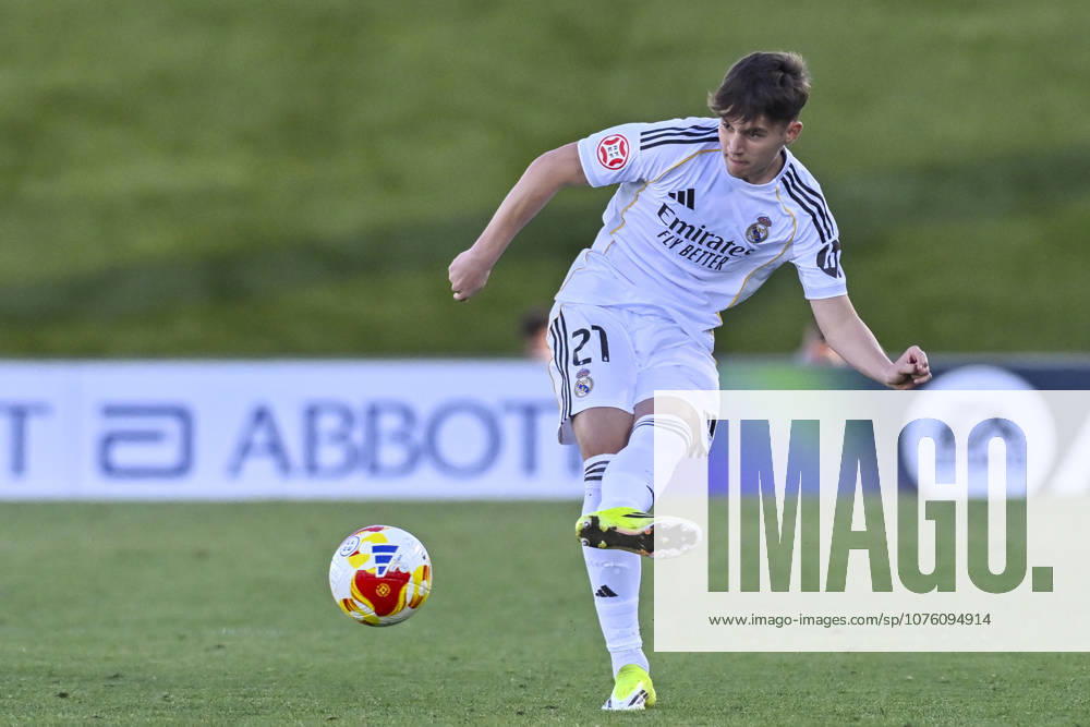DIEGO AGUADO of Real Madrid Castilla CF pases the ball during the Primera Federacio³n Group 1 soccer match between Real Madrid Castilla and Ourense CF, played at the Alfredo Di Stefano Stadium on April 14, 2026, in Valdebebas, Madrid, Spain. Madrid Spain - ZUMAc312 20260414_zsp_c312_216