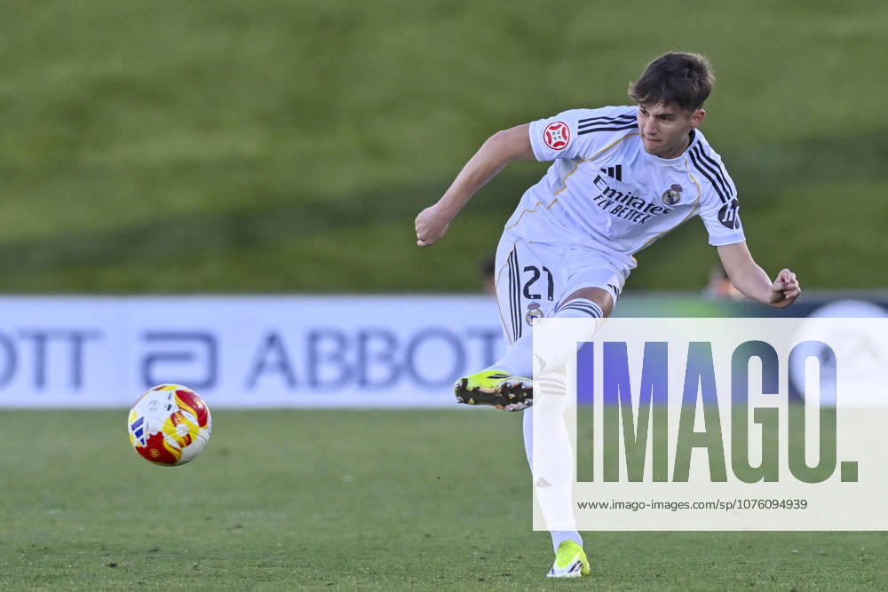 DIEGO AGUADO of Real Madrid Castilla CF pases the ball during the Primera Federacio³n Group 1 soccer match between Real Madrid Castilla and Ourense CF, played at the Alfredo Di Stefano Stadium on April 14, 2026, in Valdebebas, Madrid, Spain. Madrid Spain - ZUMAc312 20260414_zsp_c312_225