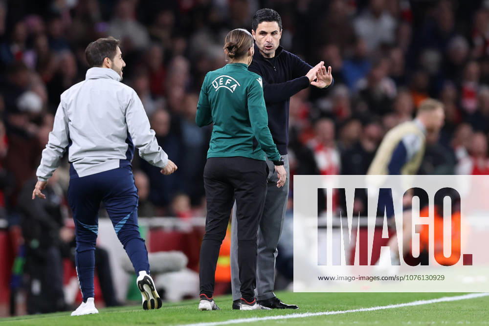 London, England, 15th April 2026. Mikel Arteta manager of Arsenal talks with fourth official Stephanie Frappart during the Arsenal vs Sporting Lisbon UEFA Champions League quarter final 2nd leg match at the Emirates Stadium, London. Picture credit should read: David Klein Sportimage . SPI_040_DK_Arsenal_Sporting_Lisbon SPI-4686-0040