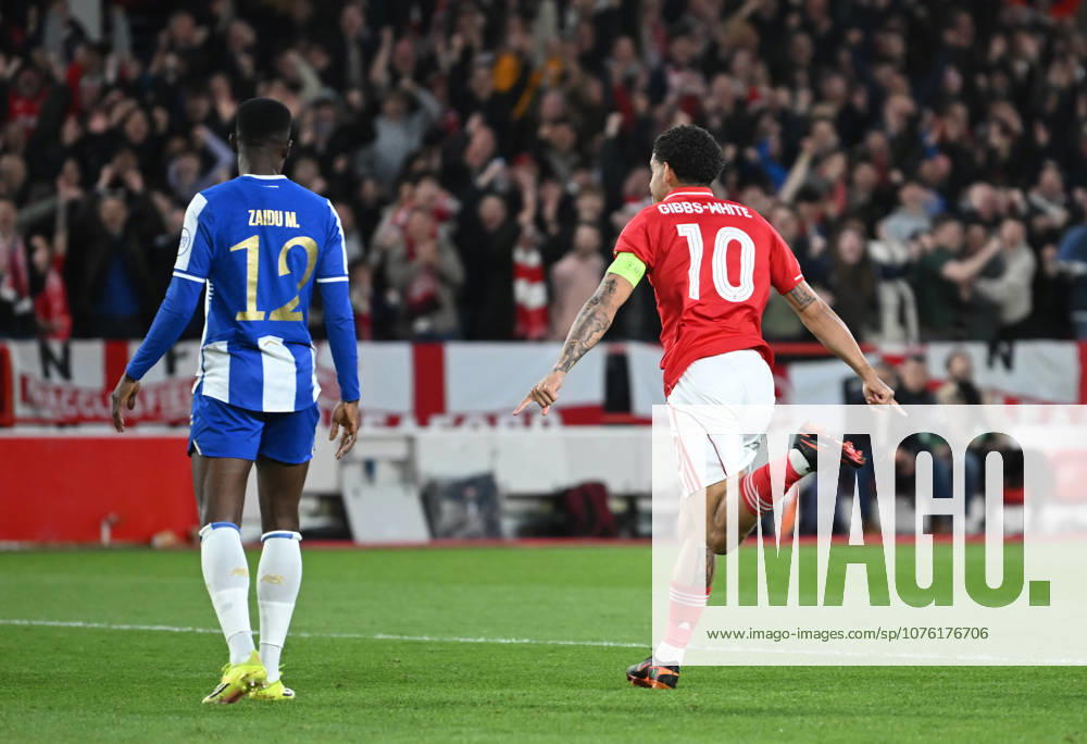 Nottingham, England, 16th April 2026. Morgan Gibbs White of Nottingham Forest turns to celebrate scoring their first goal during the Nottingham Forest vs FC Porto UEFA Europa League quarter final 2nd leg match at the City Ground, Nottingham. Picture credit should read: Harriet Massey Sportimage . SPI_032_FOREST_V_PORTO SPI-4690-0035