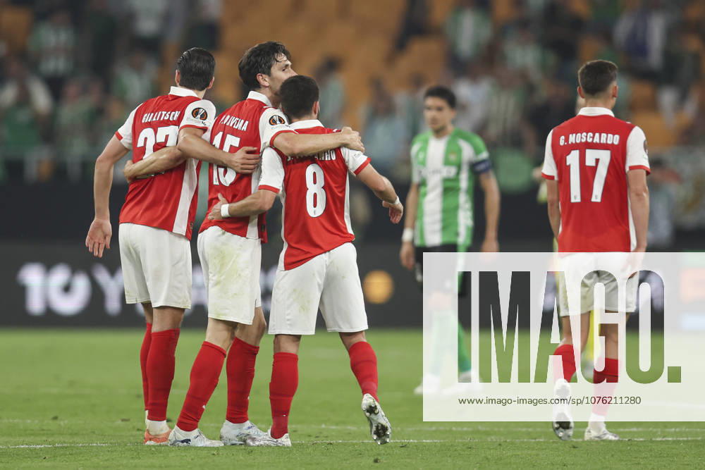 ESP: Real Betis-SC Braga. UEFA Europa League. Quarter-Finals, second Leg. Joao Moutinho, Gabriel Moscardo, Florian Grillitsch and Paulo Oliveira of SC Braga during the UEFA Europa League match, Quarter-Finals, second leg between Real Betis and SC Braga. Olimpico de la Cartuja Stadium on April 17, 2026 in Sevilla, Spain. kpng