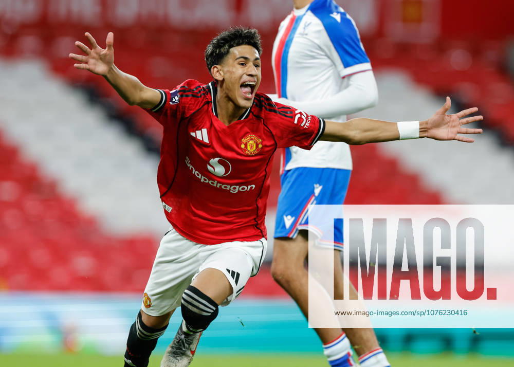 Manchester, England, 17th April 2026. Joseph Junior Andreou Gabriel (JJ Gabriel) of Manchester United, ManU celebrates scoring their sides first goal during the Manchester United U18 vs Crystal Palace U18 FA Youth Cup semi final match at Old Trafford, Manchester. Picture credit should read: Cody Froggatt Sportimage . SPI_016_CF_MANCHESTER_UNITED_U18_V_CRYSTAL_PALACE_U18 SPI-4697-0016