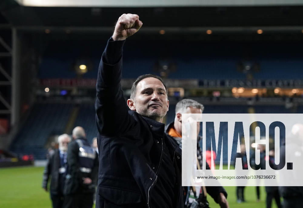 Blackburn, England, 17th April 2026. Frank Lampard manager of Coventry City celebrates Promotion to the Premier League during the Blackburn Rovers vs Coventry City Sky Bet Championship match at Ewood Park, Blackburn. Picture credit should read: Andrew Yates Sportimage . SPI_057_AY_BBurn_Cov SPI-4694-0059