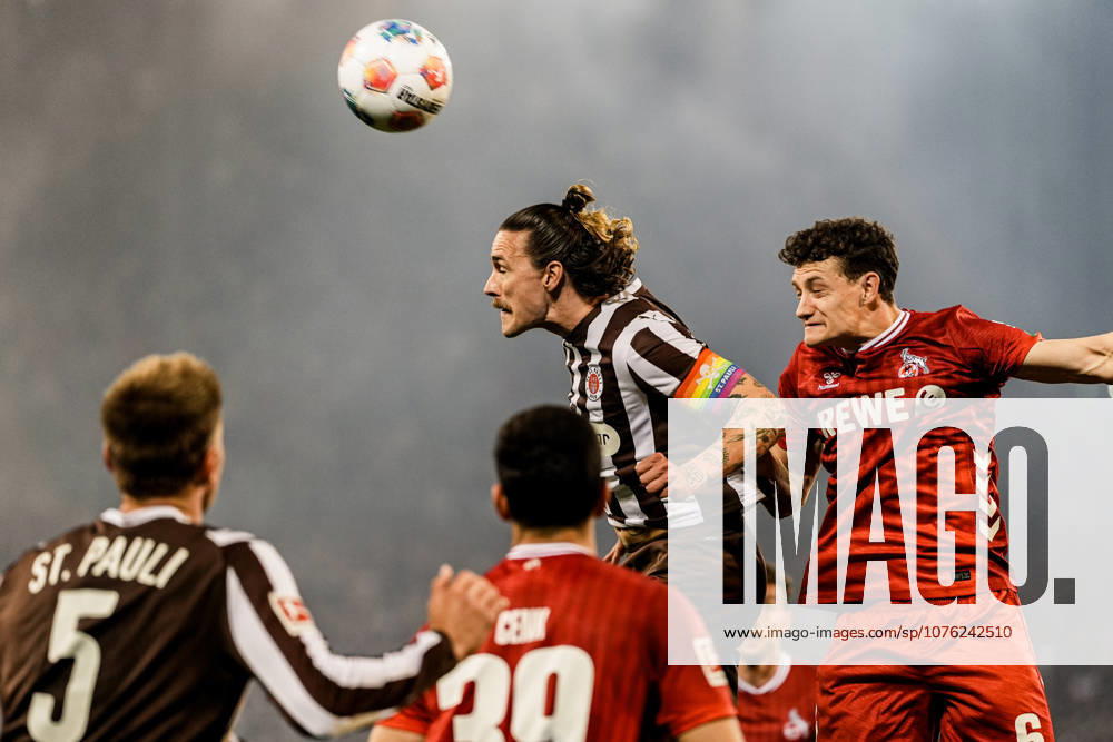 Germany Soccer Bundesliga 2025 26, 30 Matchday FC St Pauli vs 1 FC Köln Koeln Millerntor Stadion Hamburg Header duel Jackson Irvine FC St Pauli, 7 with Eric Martel 1 FC Köln Koeln, 6