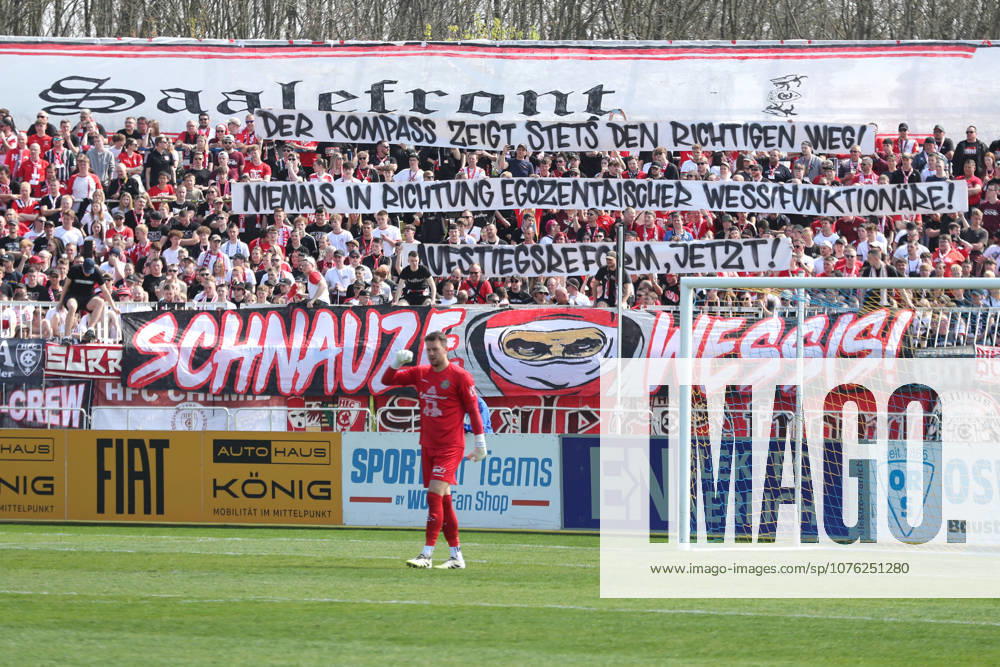 Soccer Regionalliga Nordost 1 FC Lok Leipzig Hallescher FC 18 04 2026 Fan block from Halle with protest slogan for a regional league reform, compass model banner soccer, Regionalliga Nordost, season 2025 2026, 30 matchday 1 FC Lok Leipzig vs Hallescher FC on 18 04 2026 at Bruno Plache Stadium, Leipzig