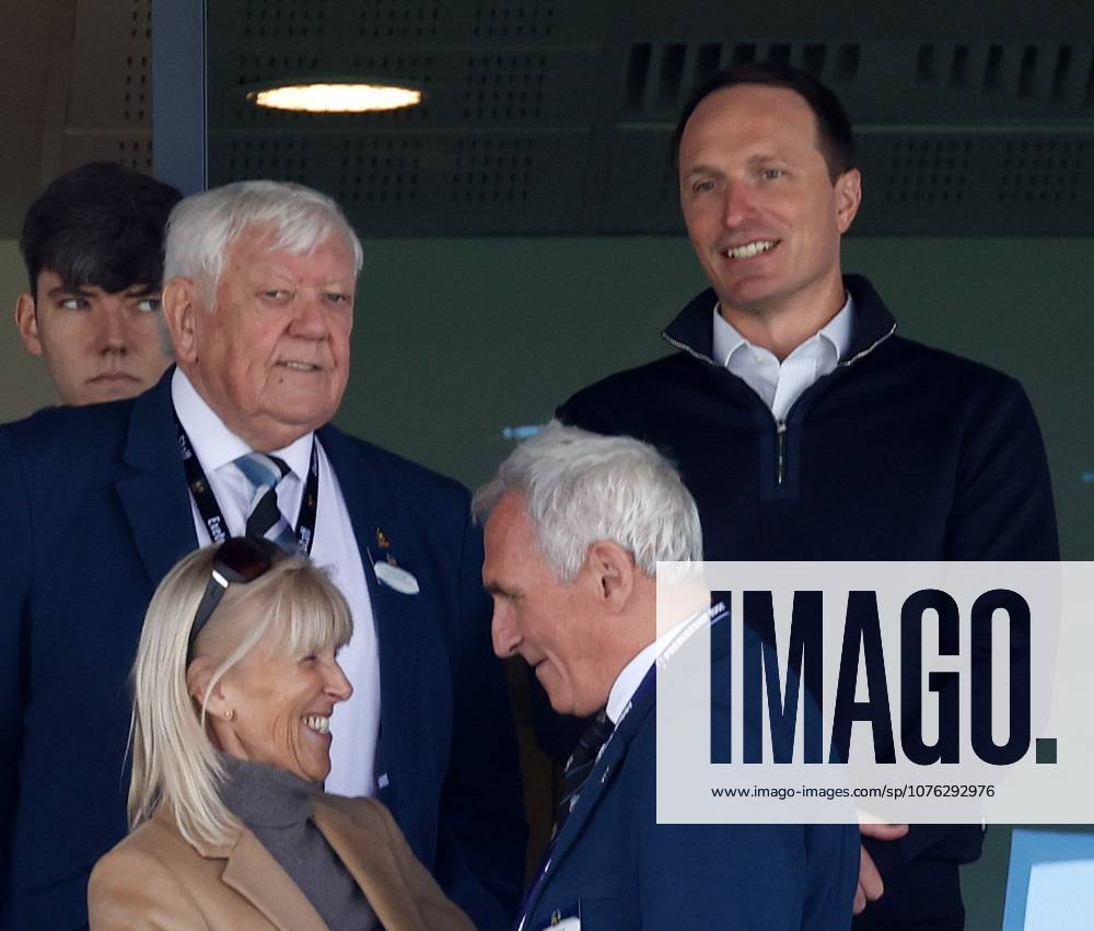 Tony Rowe (left) the Exeter Chiefs Chairman with Ryan Caswell, chief executive of Cannae Holdings who are understood to be planning to invest in the club Exeter Chiefs v Northampton Saints, Rugby Union, Gallagher Prem, Sandy Park, Exeter, UK
