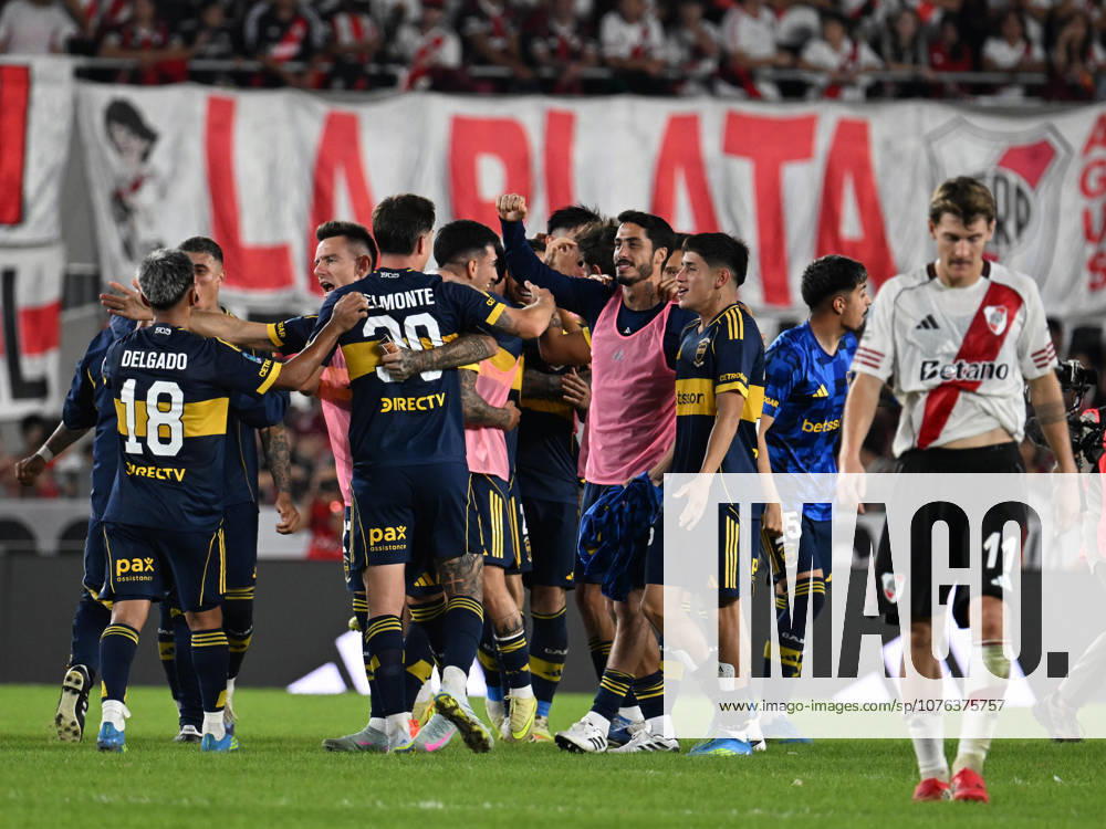 Torneo Apertura Mercado Libre 2026 match between River Plate and Boca Juniors BUENOS AIRES, ARGENTINA - APRIL 19: players of Boca Juniors celebrate after scoring his team first goal during a Torneo Apertura Mercado Libre 2026 match between River Plate and Boca Juniors at Mas Monumental Antonio Vespucio Liberti Stadium on April 19, 2026 in Buenos Aires, Argentina. Buenos Aires Buenos Aires Buenos Aires Argentina