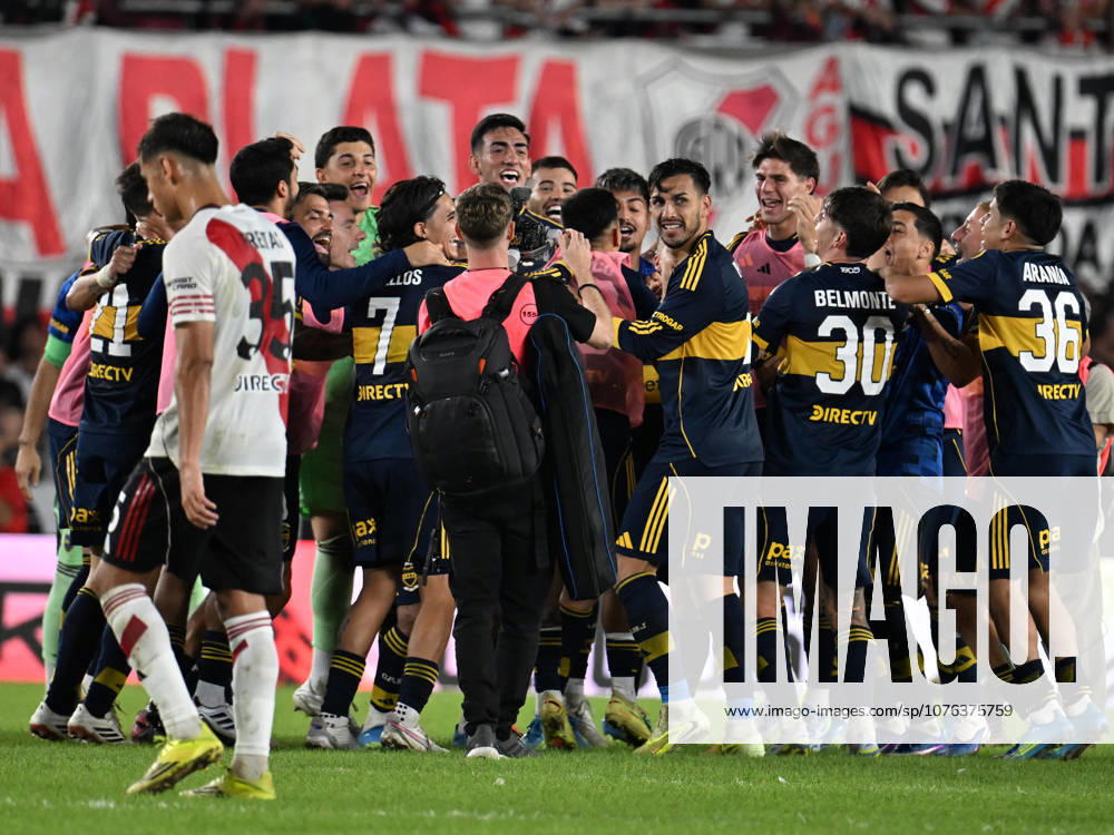 Torneo Apertura Mercado Libre 2026 match between River Plate and Boca Juniors BUENOS AIRES, ARGENTINA - APRIL 19: players of Boca Juniors celebrate after scoring his team first goal during a Torneo Apertura Mercado Libre 2026 match between River Plate and Boca Juniors at Mas Monumental Antonio Vespucio Liberti Stadium on April 19, 2026 in Buenos Aires, Argentina. Buenos Aires Buenos Aires Buenos Aires Argentina