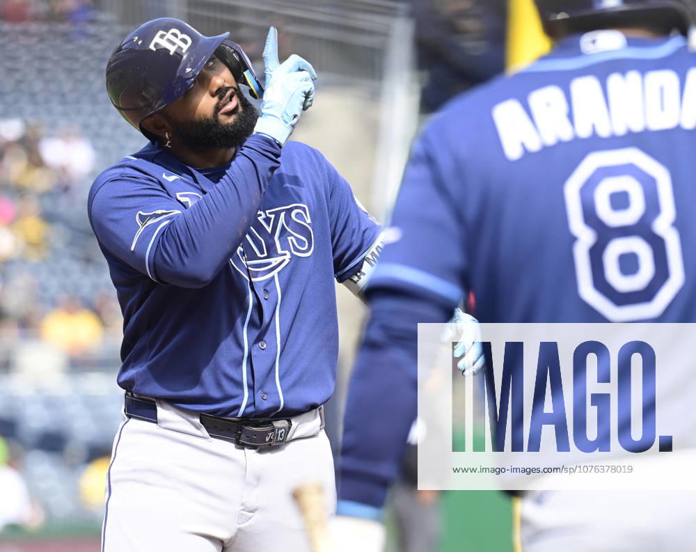 Tampa Bay Rays third baseman Junior Caminero (13) points to the sky following his home run to start the ninth inning of the Pittsburgh Pirates 6-3 win at PNC Park on Sunday, April 19, 2026 in Pittsburgh. PIT2026041933 ArchiexCarpenter