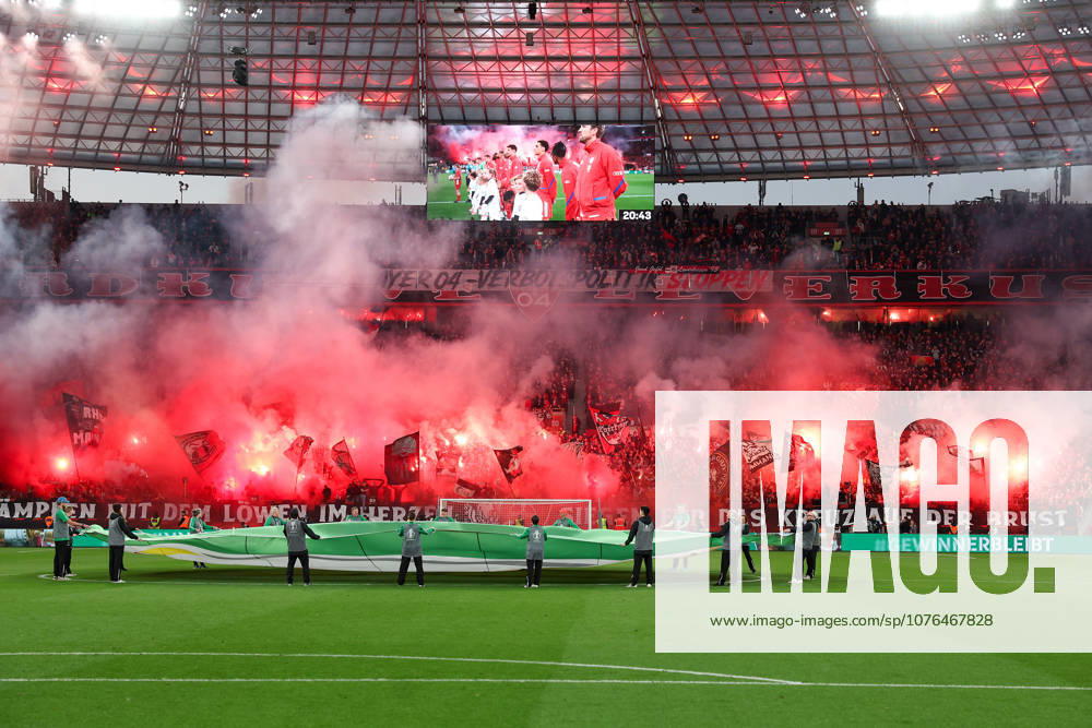 Soccer DFB Cup Bayer 04 Leverkusen FC Bayern Munich on 22 04 2026 at the BayArena in Leverkusen The fans of Bayer Leverkusen set off pyrotechnics in the north curve MH