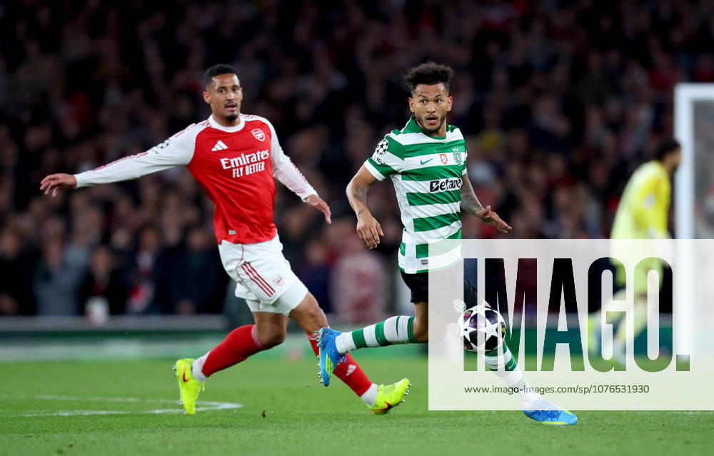 Arsenal FC v Sporting Clube de Portugal - UEFA Champions League 2025 26 Quarter-Final Second Leg Luis Suarez of Sporting Clube de Portugal controls the ball against William Saliba of Arsenal during the UEFA Champions League 2025 26 Quarter-Final Second Leg match between Arsenal FC and Sporting Clube de Portugal at Arsenal Stadium on April 15, 2026 in London, England. WARNING! This Photograph May Only Be Used For Newspaper And Or Magazine Editorial Purposes. May Not Be Used For Publications Involving 1 player, 1 Club Or 1 Competition Without Written Authorisation From Football DataCo Ltd. For Any Queries, Please Contact Football DataCo Ltd on +44 (0) 207 864 9121 London Arsenal Stadium England United Kingdom