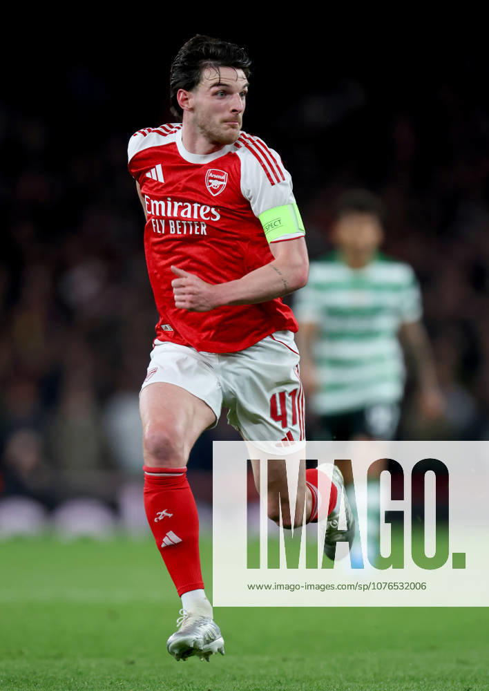Arsenal FC v Sporting Clube de Portugal - UEFA Champions League 2025 26 Quarter-Final Second Leg Declan Rice of Arsenal running during the UEFA Champions League 2025 26 Quarter-Final Second Leg match between Arsenal FC and Sporting Clube de Portugal at Arsenal Stadium on April 15, 2026 in London, England. WARNING! This Photograph May Only Be Used For Newspaper And Or Magazine Editorial Purposes. May Not Be Used For Publications Involving 1 player, 1 Club Or 1 Competition Without Written Authorisation From Football DataCo Ltd. For Any Queries, Please Contact Football DataCo Ltd on +44 (0) 207 864 9121 London Arsenal Stadium England United Kingdom
