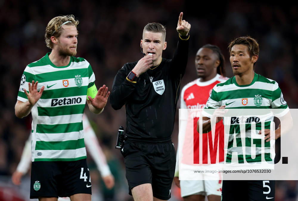 Arsenal FC v Sporting Clube de Portugal - UEFA Champions League 2025 26 Quarter-Final Second Leg Referee Francois Letexier, Morten Hjulmand and Hidemasa Morita of Sporting Clube de Portugal in incident during the UEFA Champions League 2025 26 Quarter-Final Second Leg match between Arsenal FC and Sporting Clube de Portugal at Arsenal Stadium on April 15, 2026 in London, England. WARNING! This Photograph May Only Be Used For Newspaper And Or Magazine Editorial Purposes. May Not Be Used For Publications Involving 1 player, 1 Club Or 1 Competition Without Written Authorisation From Football DataCo Ltd. For Any Queries, Please Contact Football DataCo Ltd on +44 (0) 207 864 9121 London Arsenal Stadium England United Kingdom