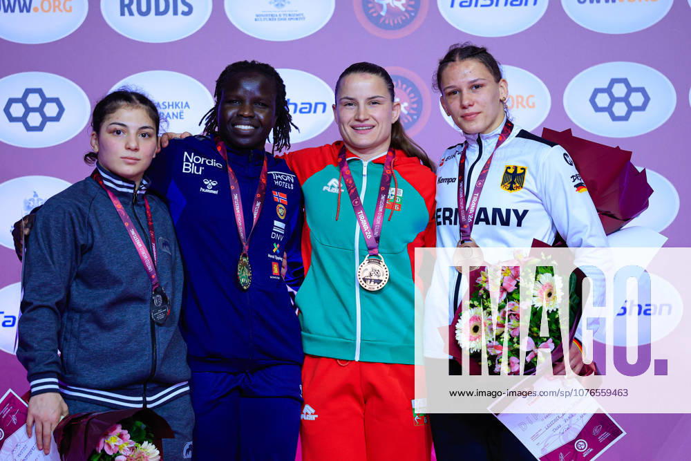 Senior Wrestling European Championships 2026 Podium 62kg WW Gold Grace Jacob Bullen NOR , Silver Amina Tandelova UWW , Bronze Bilyana Zhivkova Dudova BUL , Naemi Leistner GER