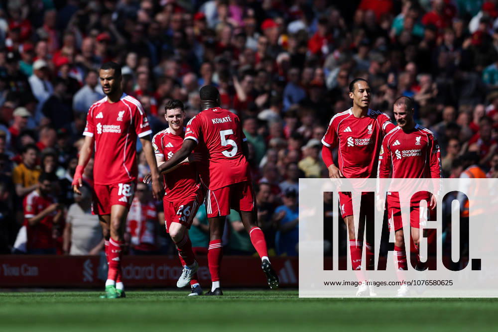 Liverpool, England, 25th April 2026. Andrew Robertson of Liverpool celebrates scoring his teams second goal with teammate during the Liverpool vs Crystal Palace Premier League match at Anfield, Liverpool. Picture credit should read: Jessica Hornby Sportimage . SPI_037_JH_LIVERPOOL_CRYSTAL_PALACE SPI-4733-0037