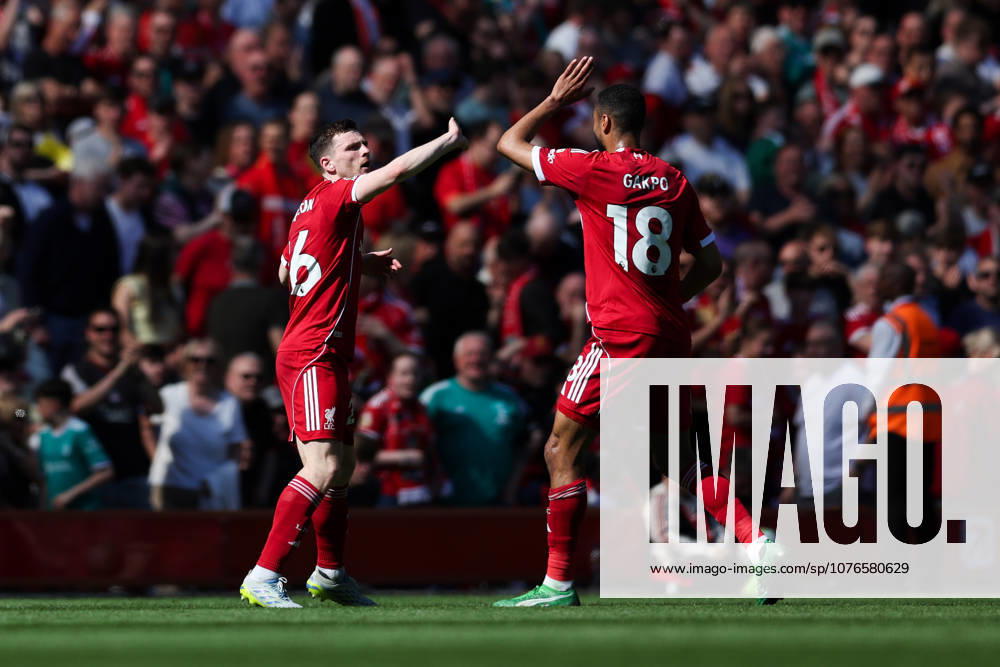 Liverpool, England, 25th April 2026. Andrew Robertson of Liverpool (L) celebrates scoring his teams second goal with teammate Cody Gakpo during the Liverpool vs Crystal Palace Premier League match at Anfield, Liverpool. Picture credit should read: Jessica Hornby Sportimage . SPI_038_JH_LIVERPOOL_CRYSTAL_PALACE SPI-4733-0038