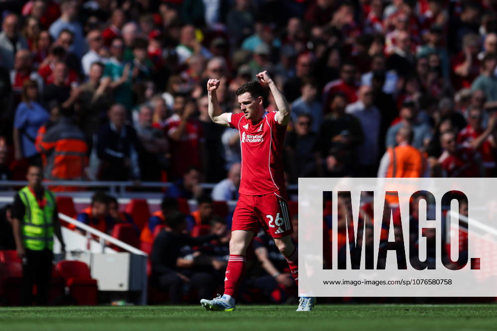 Liverpool, England, 25th April 2026. Andrew Robertson of Liverpool celebrates scoring his teams second goal during the Liverpool vs Crystal Palace Premier League match at Anfield, Liverpool. Picture credit should read: Jessica Hornby Sportimage . SPI_039_JH_LIVERPOOL_CRYSTAL_PALACE SPI-4733-0039