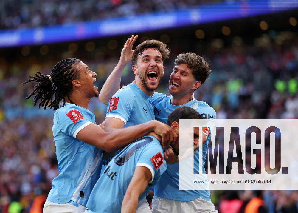25th April 2026; Wembley Stadium, London, England; FA Cup Football, Manchester City versus Southampton; Nico Gonzalez of Manchester City celebrating with his team mates after scoring his sides 2nd goal in the 87th minute to make it 2-1 JPxFletcher