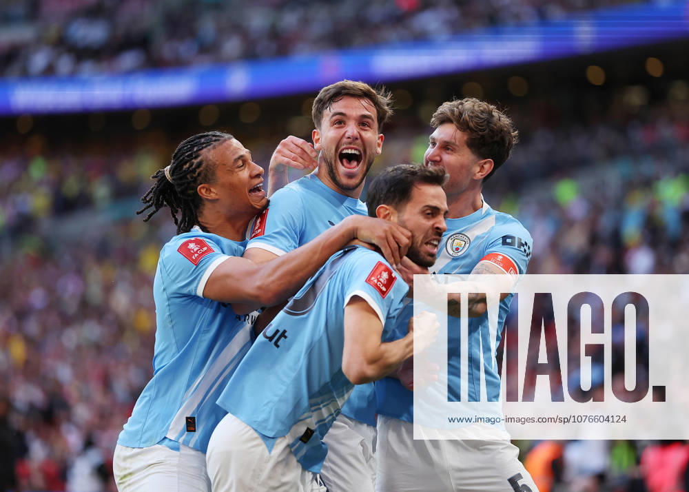 25th April 2026; Wembley Stadium, London, England; FA Cup Football, Manchester City versus Southampton; Nico Gonzalez of Manchester City celebrating with his team mates after scoring his sides 2nd goal in the 87th minute to make it 2-1 JPxFletcher
