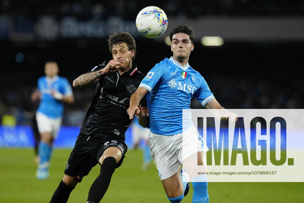 SSC Napoli v US Cremonese - Serie A Miguel Gutierrez of SSC Napoli competes for the ball with Romano Floriani of US Cremonese during the Serie A match between SSC Napoli and US Cremonese at Stadio Diego Armando Maradona Naples Italy on 24 April 2026. Naples Naples Italy