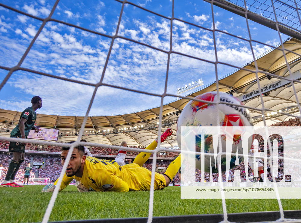 Soccer 1 Bundesliga 2025 2026, 31 Matchday, VfB Stuttgart SV Werder Bremen, in the MHP Arena Stuttgart, Goalkeeper Mio Backhaus in front, Werder Bremen beaten on the ground after the header goal to equalize 1 1 by Ermedin Demirovic cheering in the back, Stuttgart DFL and DFB regulations prohibit any use of photographs as image sequences and or quasi video