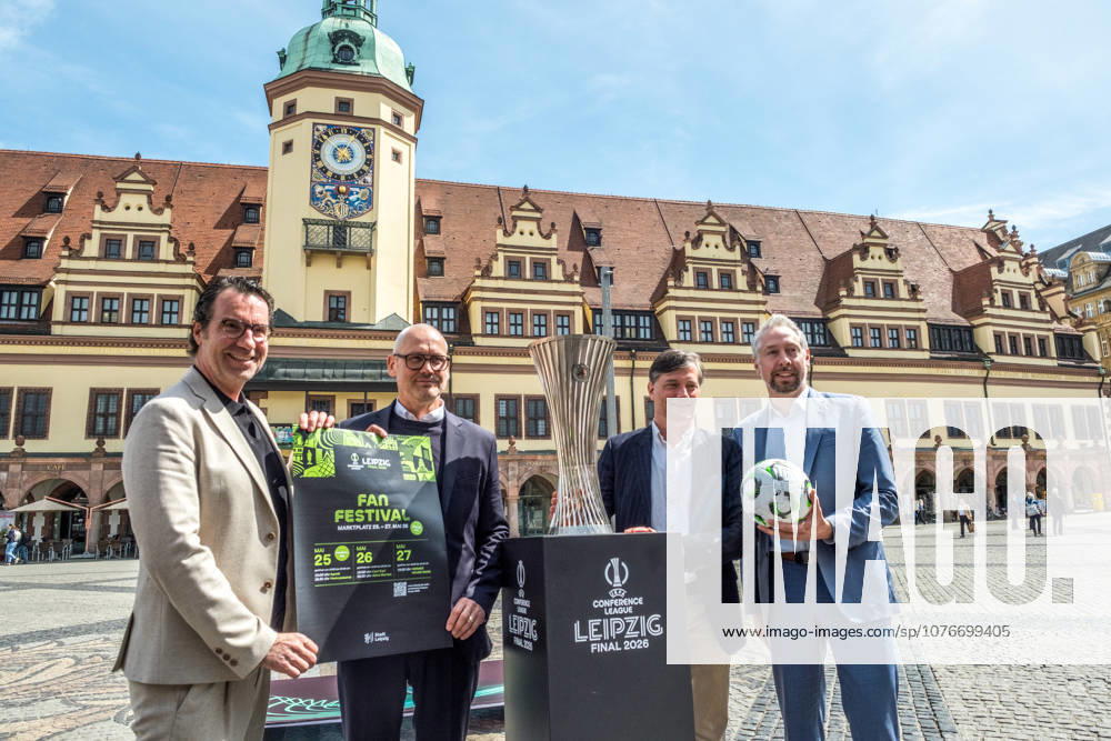 The UEFA Conference League trophy is the focus of the Fan Festival on the market square in Leipzig Around the final on 27 May 2026, the city centre will be transformed into a large fan zone with concerts, hands-on activities and an international soccer atmosphere From left Tom Scheunemann, Dirk Deumeland, Heiko rosenthal, Stefan Schädler Program Fan Festival Final Conference League