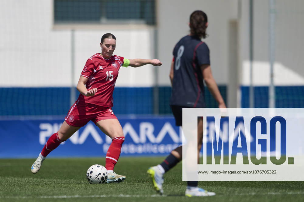 Mathilde Rasmussen of Denmark passes the ball during the U23 Women International Friendly, Länderspiel, Nationalmannschaft match between Denmark and USA at Pinatar Arena on 13th April 2026 in Pinatar, Spain.