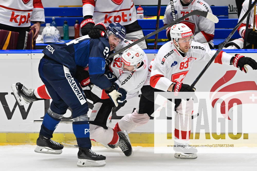 Czech Hockey Games, part of Euro Hockey tour series match Switzerland vs Finland in Ceske Budejovice, May 2, 2026. From left Hannes Bjorninen of Finland, Gaetan Haas of Switzerland, Dario Meyer of Switzerland. (CTKxPhoto VaclavxPancer) CTKPhotoP2026050202653 CTKPhotoP2026050202653