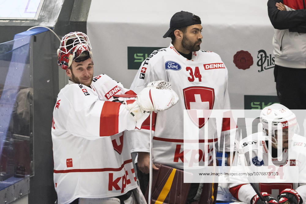 Czech Hockey Games, part of Euro Hockey tour series match Switzerland vs Finland in Ceske Budejovice, May 2, 2026. From left goalies Kevin Pasche, Stephane Charlin, Tobias Geisser, all of Switzerland. (CTKxPhoto VaclavxPancer) CTKPhotoP2026050202834 CTKPhotoP2026050202834
