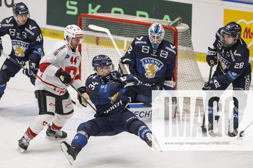 Czech Hockey Games, part of Euro Hockey tour series match Switzerland vs Finland in Ceske Budejovice, May 2, 2026. From left Mikko Kokkonen of Finland, Pius Super of Switzerland, Aatu Raty of Finland, Emil Larmi of Finland, Santeri Hatakka of Finland. (CTKxPhoto VaclavxPancer) CTKPhotoP2026050202854 CTKPhotoP2026050202854