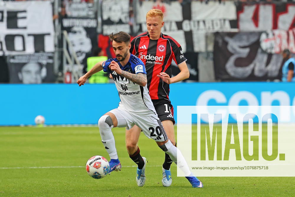 Frankfurt, Germany 02 May 2026 1 BL 2025 2026 Sp 32 Eintracht Frankfurt v Hamburger SV In picture from left in duel Fabio Vieira HSV v Hugo Larsson Frankfurt DFL regulations prohibit any use of photographs as image sequences and or quasi video Deutsche Bank Park Hessen