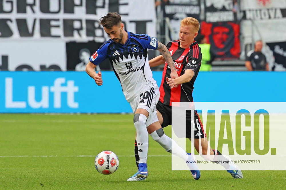 Frankfurt, Germany 02 May 2026 1 BL 2025 2026 Sp 32 Eintracht Frankfurt v Hamburger SV In picture from left in duel Fabio Vieira HSV v Hugo Larsson Frankfurt DFL regulations prohibit any use of photographs as image sequences and or quasi video Deutsche Bank Park Hessen