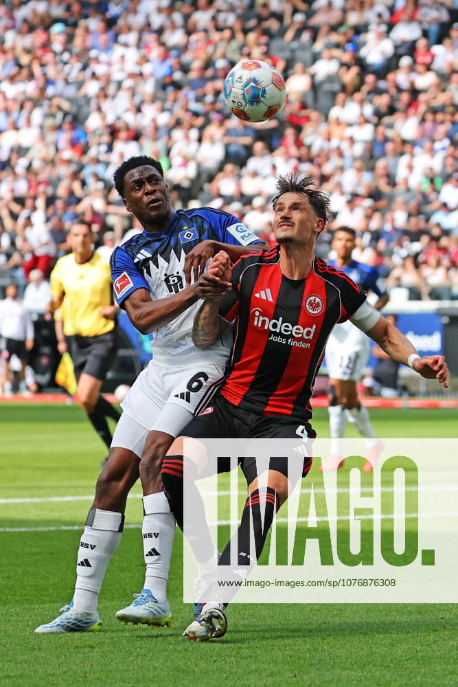 Frankfurt, Germany 02 May 2026 1 BL 2025 2026 Sp 32 Eintracht Frankfurt v Hamburger SV Pictured from left in duel Albert Lokonga HSV v Robin Koch Frankfurt DFL regulations prohibit any use of photographs as image sequences and or quasi video Deutsche Bank Park Hessen