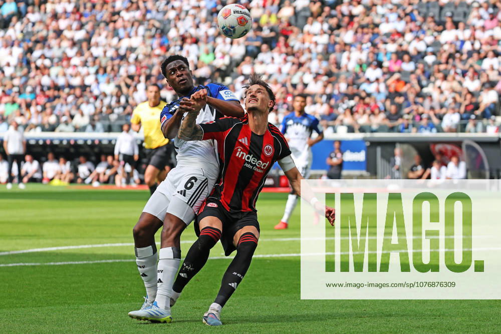 Frankfurt, Germany 02 May 2026 1 BL 2025 2026 Sp 32 Eintracht Frankfurt v Hamburger SV Pictured from left in duel Albert Lokonga HSV v Robin Koch Frankfurt DFL regulations prohibit any use of photographs as image sequences and or quasi video Deutsche Bank Park Hessen