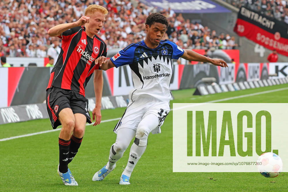 Frankfurt, Germany 02 May 2026 1 BL 2025 2026 Sp 32 Eintracht Frankfurt v Hamburger SV In picture from left in duel Hugo Larsson Frankfurt v Warmed Omari HSV DFL regulations prohibit any use of photographs as image sequences and or quasi video Deutsche Bank Park Hessen