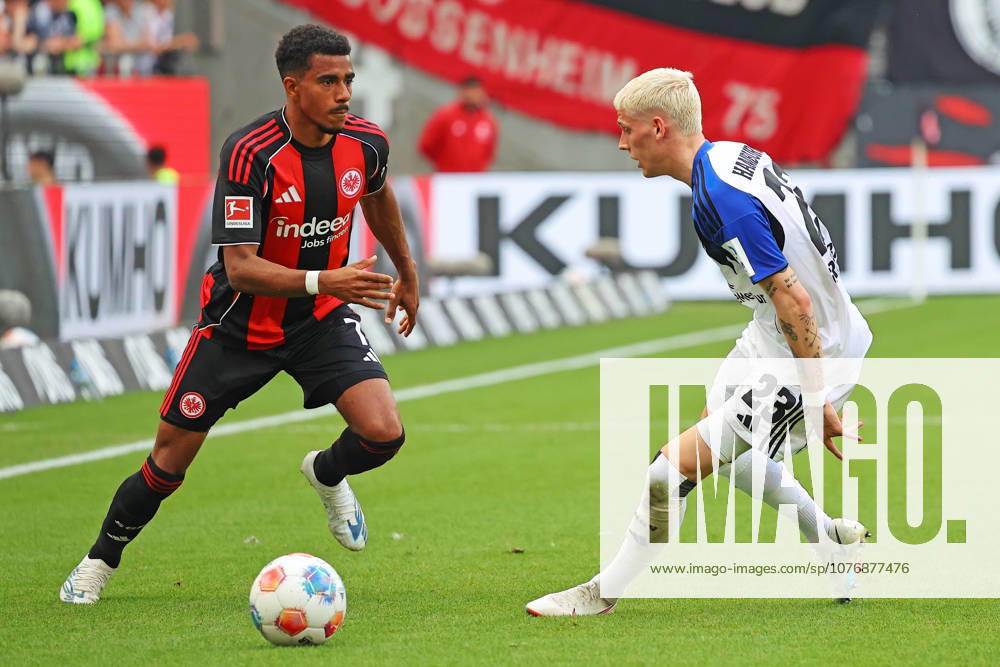 Frankfurt, Germany 02 May 2026 1 BL 2025 2026 Sp 32 Eintracht Frankfurt v Hamburger SV Pictured from left in duel Ansgar Knauff Frankfurt v Albert Gronbk HSV DFL regulations prohibit any use of photographs as image sequences and or quasi video Deutsche Bank Park Hessen