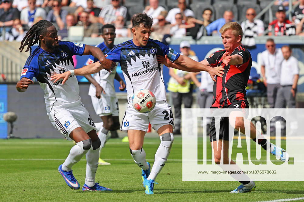 Frankfurt, Germany 02 May 2026 1 BL 2025 2026 Sp 32 Eintracht Frankfurt v Hamburger SV Pictured from left fighting for the ball Jordan Torunarigha HSV , Nicolas Capaldo HSV and Jonathan Burkardt Frankfurt DFL regulations prohibit any use of photographs as image sequences and or quasi video Deutsche Bank Park Hessen