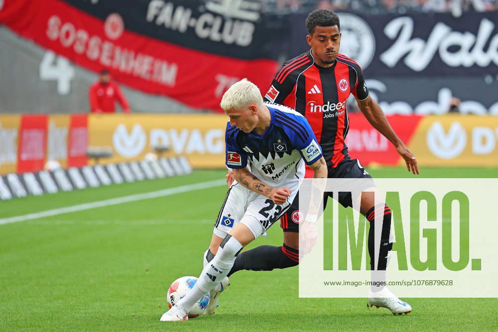 Frankfurt, Germany 02 May 2026 1 BL 2025 2026 Sp 32 Eintracht Frankfurt v Hamburger SV Pictured from left in duel Albert Gronbk HSV v Ansgar Knauff Frankfurt DFL regulations prohibit any use of photographs as image sequences and or quasi video Deutsche Bank Park Hessen
